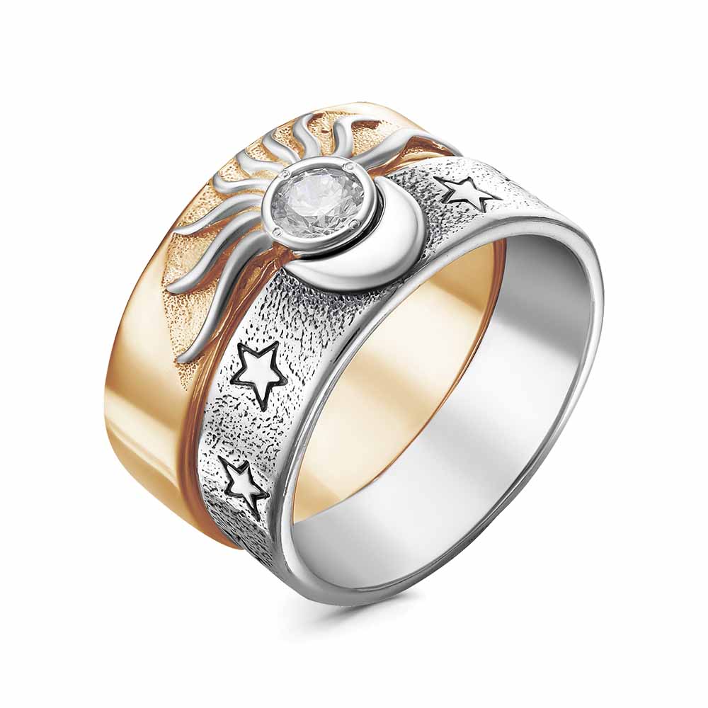 "Day and Night" silver and gold plated ring with cubic zirconia