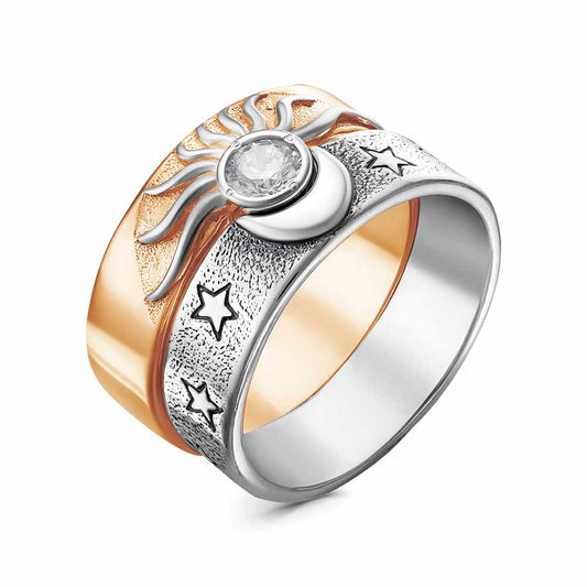 "Day and Night" silver and gold plated ring with cubic zirconia