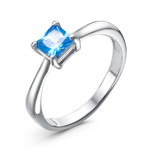 Platinum plated ring with blue cubic zirconia